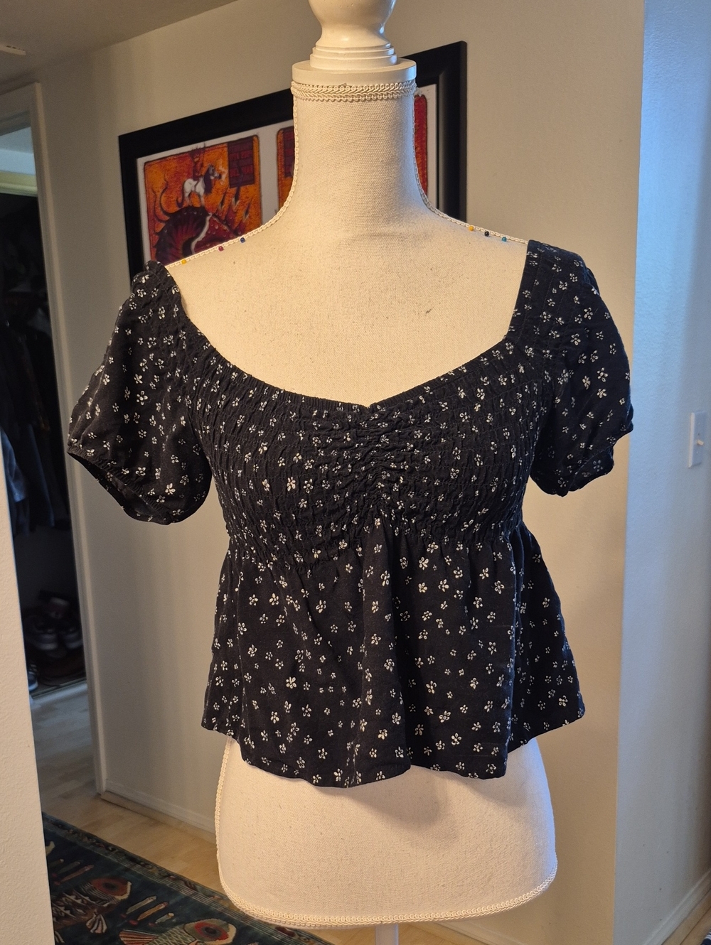 LA Hearts SHort Sleeve Smocked Fabric Black & White Floral Shirt